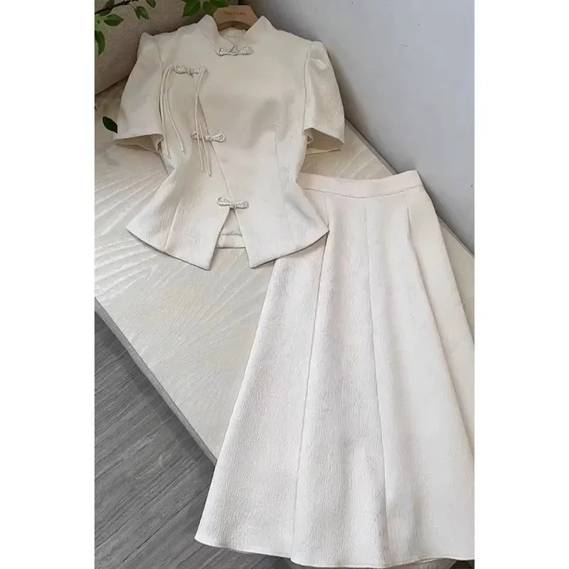 

Новый летний комплект Cheongsam в китайском стиле с короткими рукавами и юбкой из двух предметов