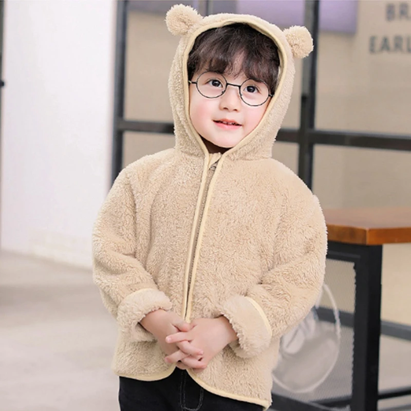 Kids Winter Warm Coats Jacket Clothes Outwear Overcoat Ear Hooded Coral Fleece Zip Up Clothes Cute for Toddlers Boys Girls