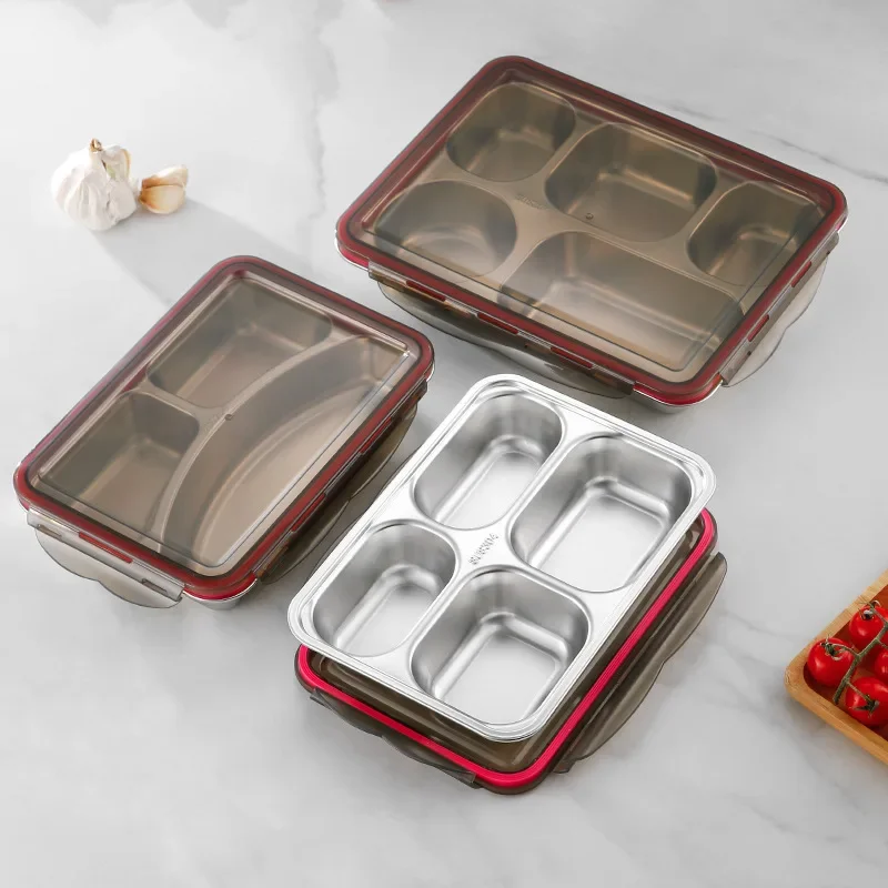 Box 2/3/4/5 Camping Grids Bento with Thickened Lid 304 Stainless Steel Lunch Box and School Plate Cafeteria Fresh-Keeping