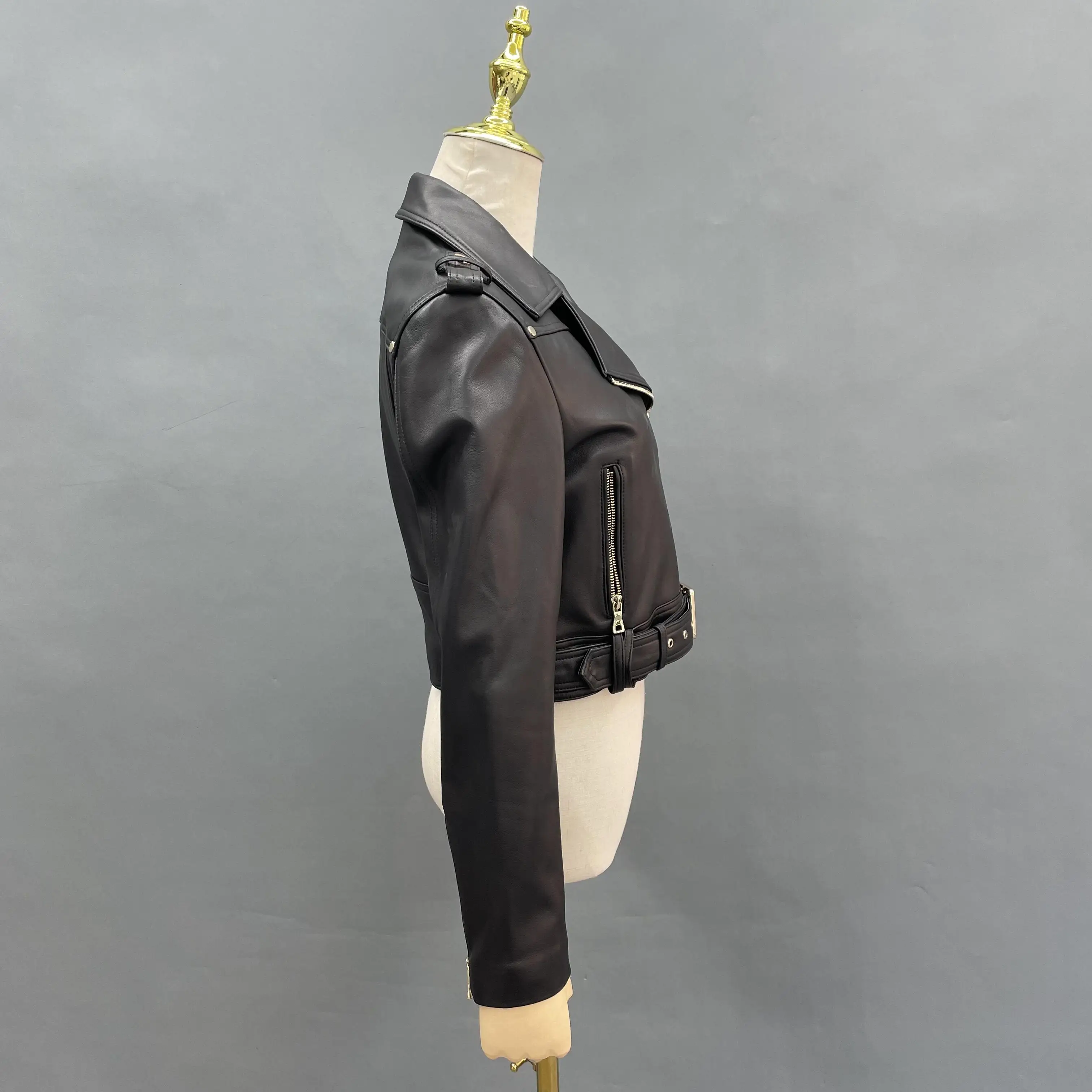 JANEFUR-Veste en cuir véritable pour femme, manteau de motard en peau de mouton véritable, coupe slim, court, noir, mode