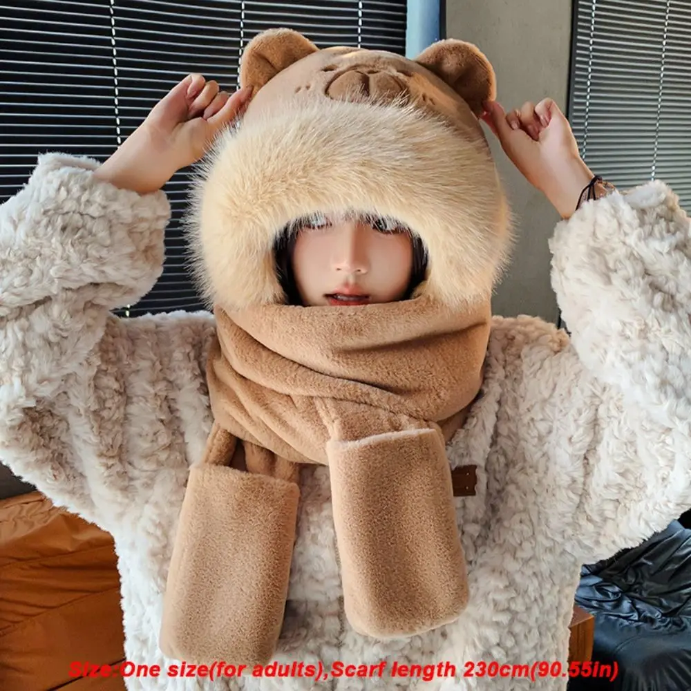 Soft Cartoon Capybara Hat Scarf Gloves Set Thick Warm One Piece Plush Beanie Cap Ear Protection Windproof Hooded Scarf
