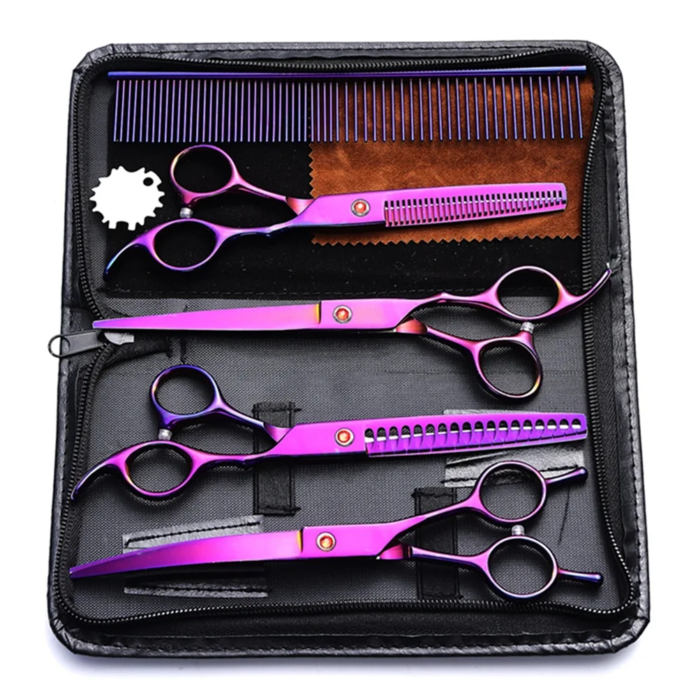 

7-дюймовые профессиональные ножницы для ухода за домашними животными — набор для стрижки собачьей шерсти с изогнутыми, филировочными и прямыми ножницами из нержавеющей стали
