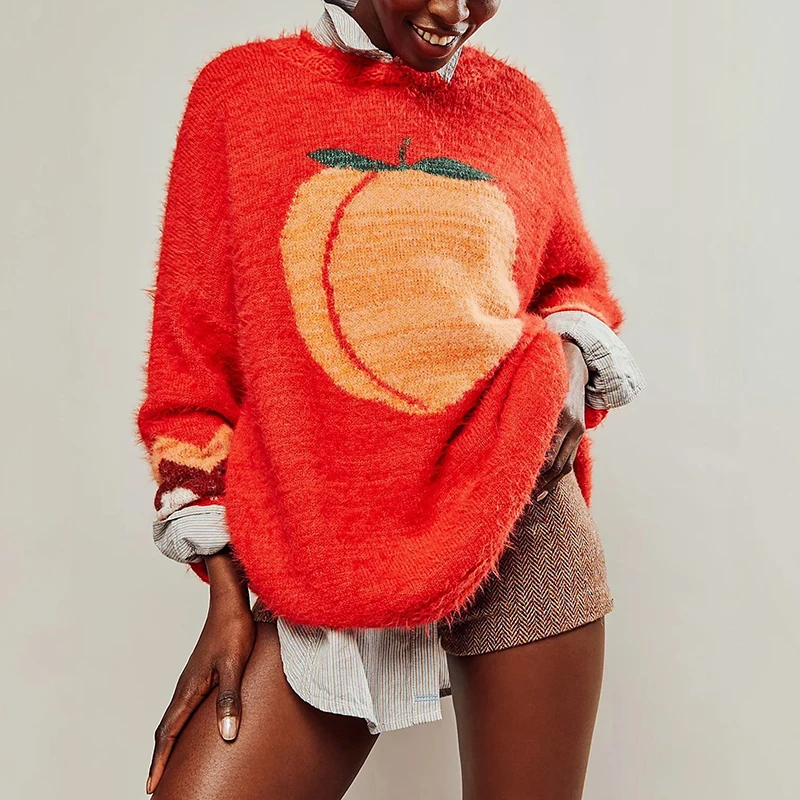 Female O-neck Loose Fit Knitted Pullover Casual Comfortable Sweater Tops New 2025 Autumn Pattern Printed Long Sleeved Sweaters