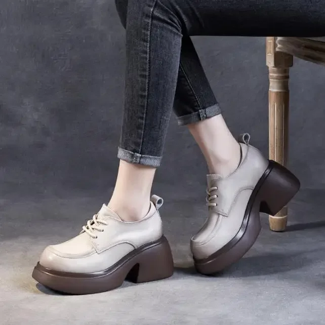

Модные женские туфли на плоской платформе 7,5 см, весенне-осенние повседневные женские лоферы из натуральной коровьей кожи с круглым носком и молнией сзади в академическом стиле