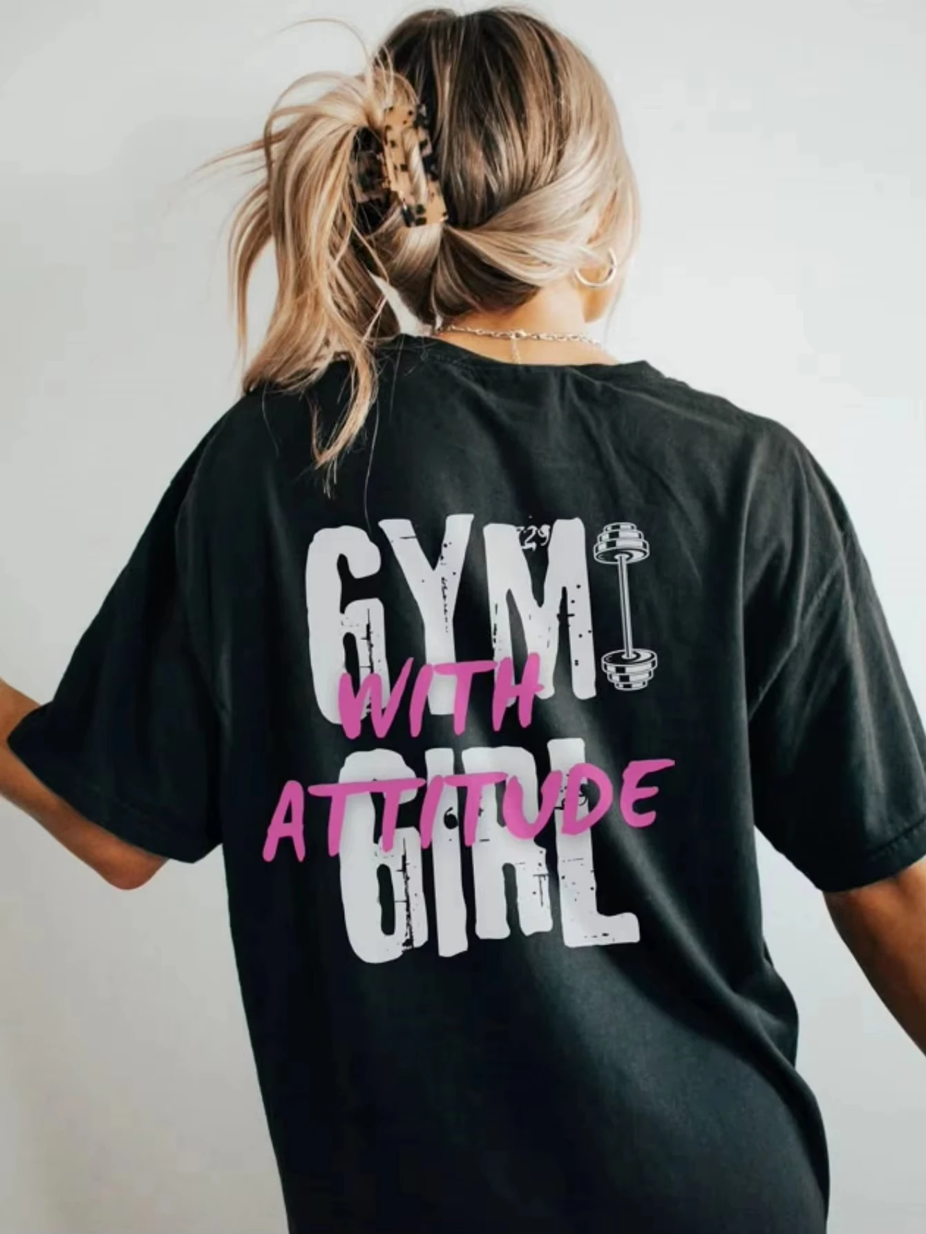 

Men Women'S Gym with Attitude Graphic Tee Black Casual Knit T-Shirt with Pink White Letter Print Short Sleeve Round Neck DIY