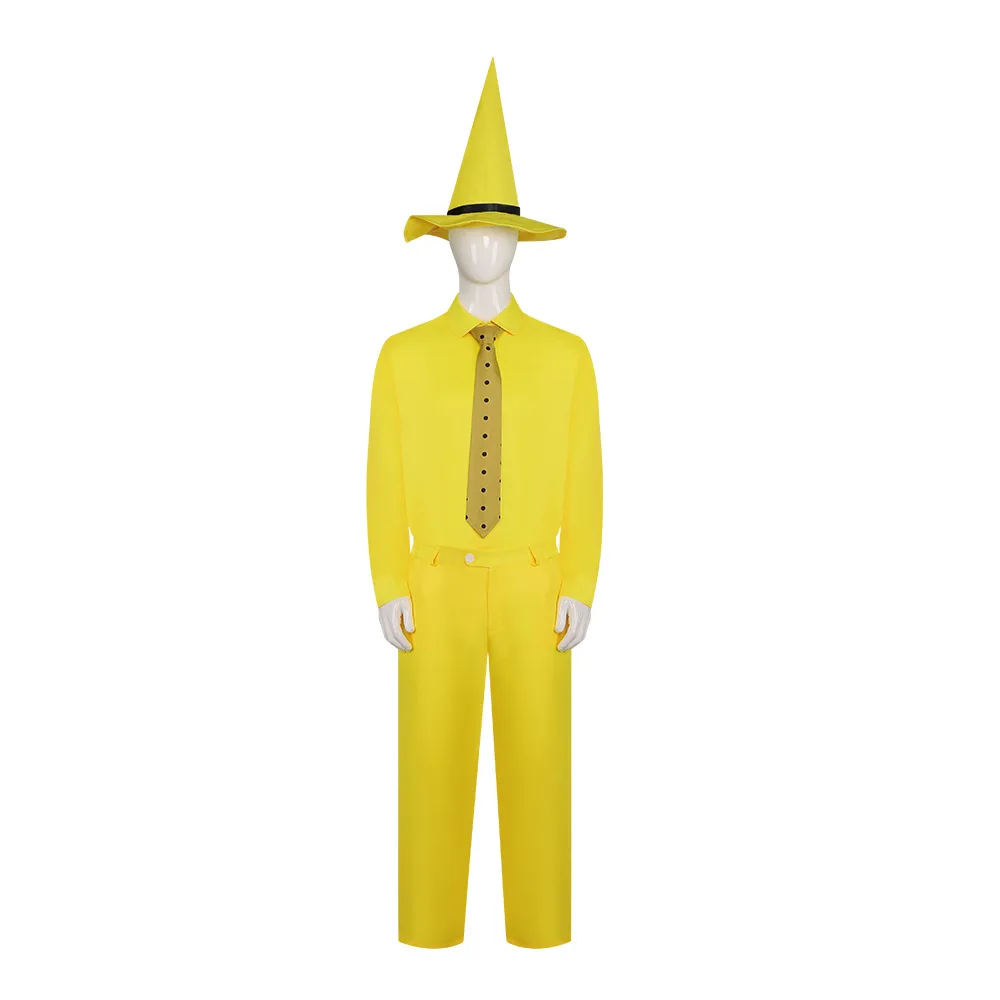 Men Curious George Cosplay Costume Person in the Yellow Hat Ted Adult Shirt Trousers Hat Tie Halloween Party In Stock Takerlama