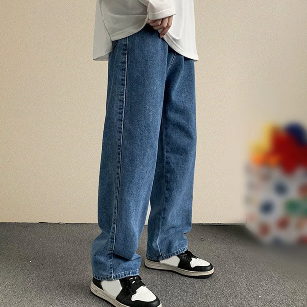 Jeans Men Pants Daily Korean Lightweight Loose Slight Stretch Solid Color Straight Trousers Wide Leg Comfy Fashion