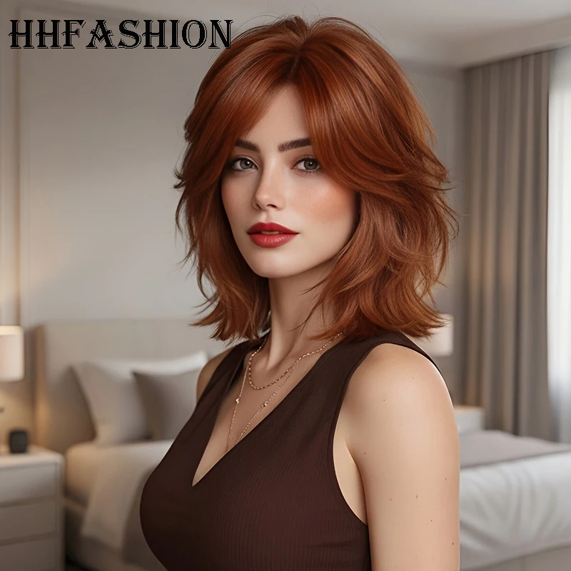 HHFASHION 12 inch high-quality multi-layer synthetic fiber wig, orange brown transparent long wave shaped wig