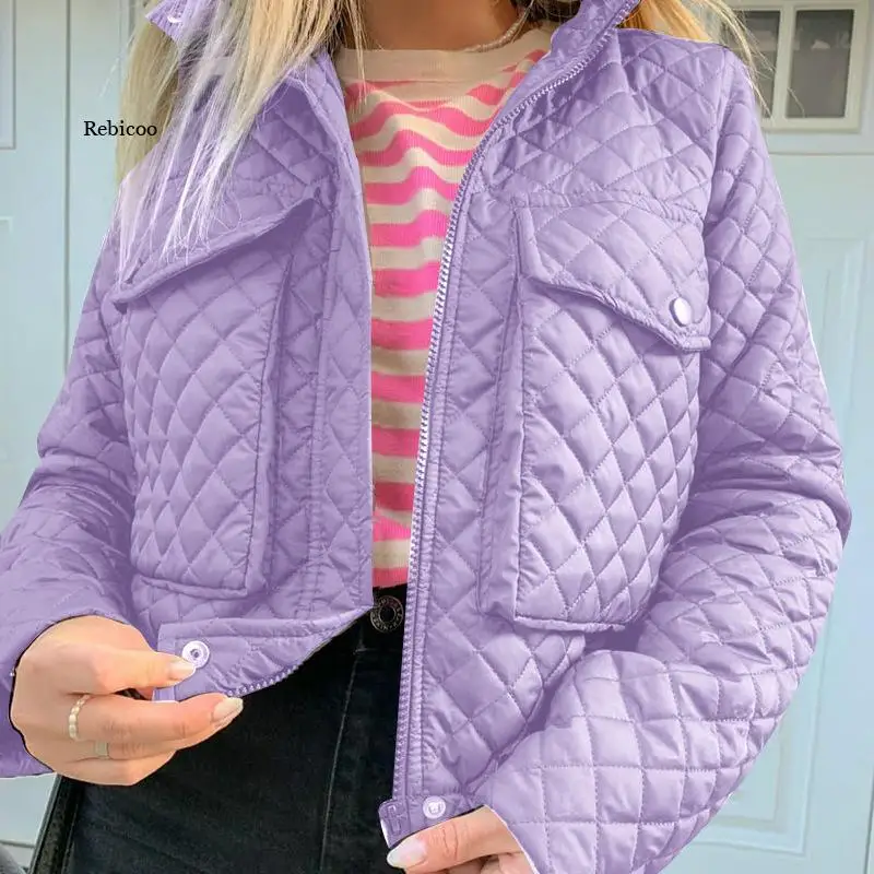 

Purple Quilted Jackets for Women 2021 fashion Autumn Winter Zip Up Cute Bubble Coat Street Outwear casual White