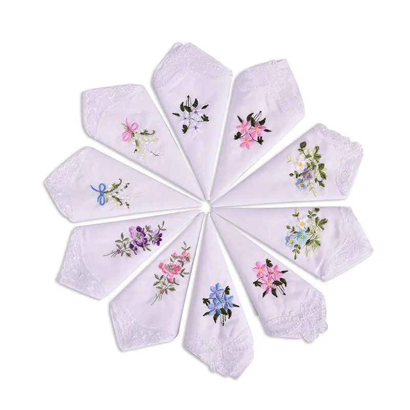 

3Pcs 28x28cm Flower Embroidered Lace White Cotton Lady Women Handkerchief Wedding Party Gift Random