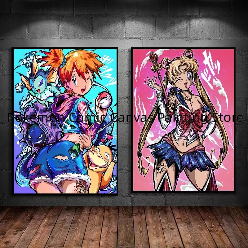 

Canvas Painting Pokemon Sailor Moon Eevee and Tsukino Usagi Psyduck HD Poster Anime Style Wall Art Picture Home Decor Linkage