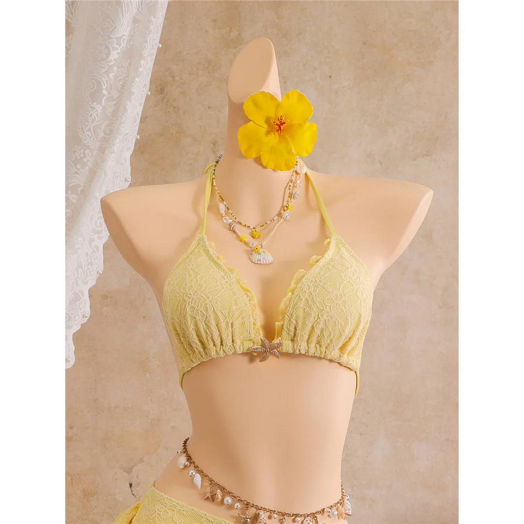 Mit Rüschenrock, Neckholder-Bikini, Damen-Badeanzug, dreiteiliges Bikini-Set, gepolsterter Badeanzug, Badebekleidung, Badeanzug V8400 – Detail 9