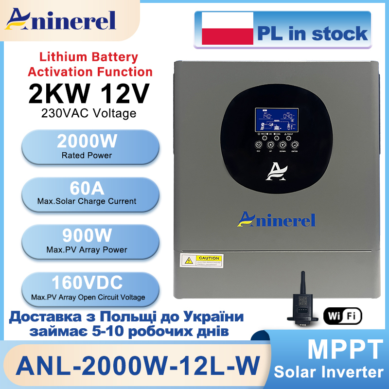  Aninerel 2KW 12V Hybrid Inverter Pure Sine Wave Solar Charge Controller MPPT 60A Photovoltaic 160VDC 