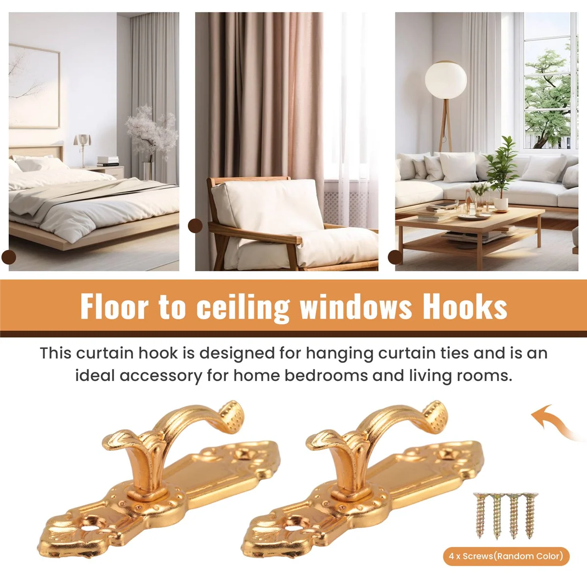 Screw Mount Curtain Tassel Tie Back tieback Wall Hooks 2PCS Gold Tone HGC