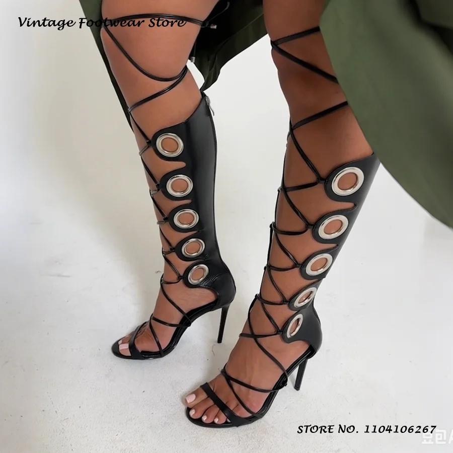 Gladiator Sandals with Oversized Eyelets Fashion Round Open Toe Cross-tied Party Shoes Women's Summer Solid Lace-up High Heels