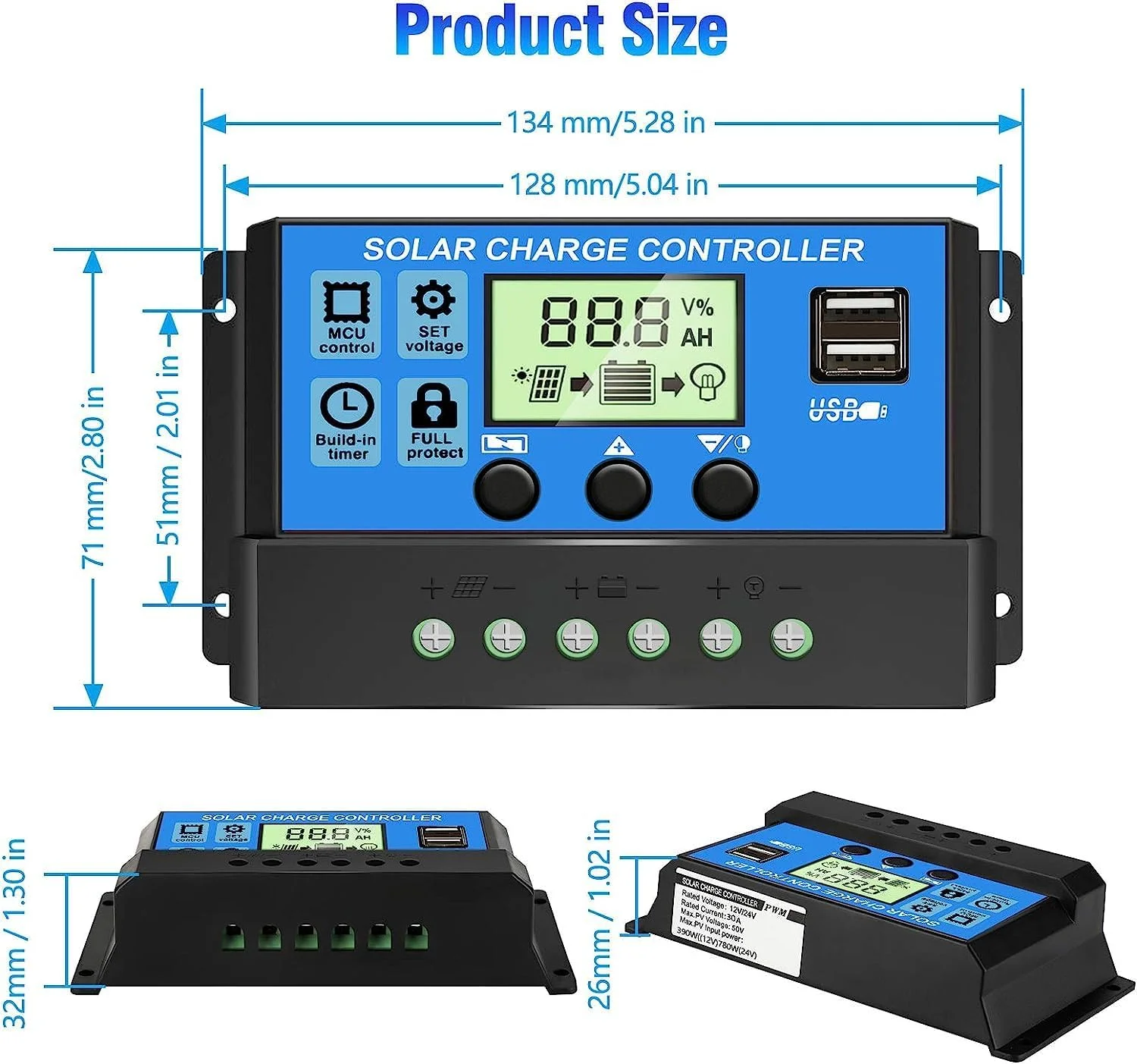 30A 12V 24V PWM Solar Charge Controller Auto‑Identify LCD Display Dual USB Port Adjustable Timer Solar Panel Battery Regulator view 5