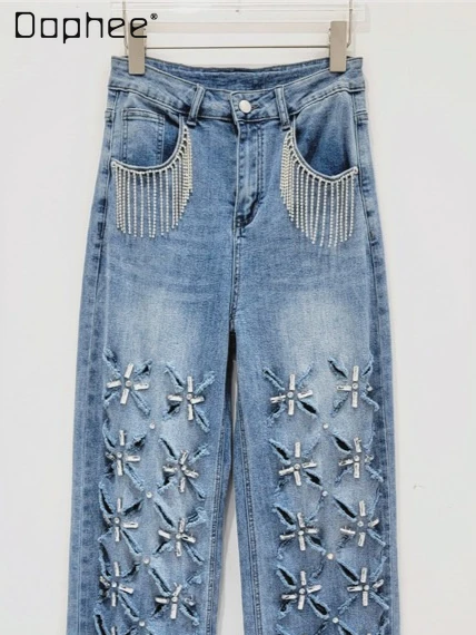 

Tassel Beaded Rhinestone Distressed Jeans Woman Hollow Out Straight Wide Leg Loose High Waist Trendy Ripped Jeans for Women