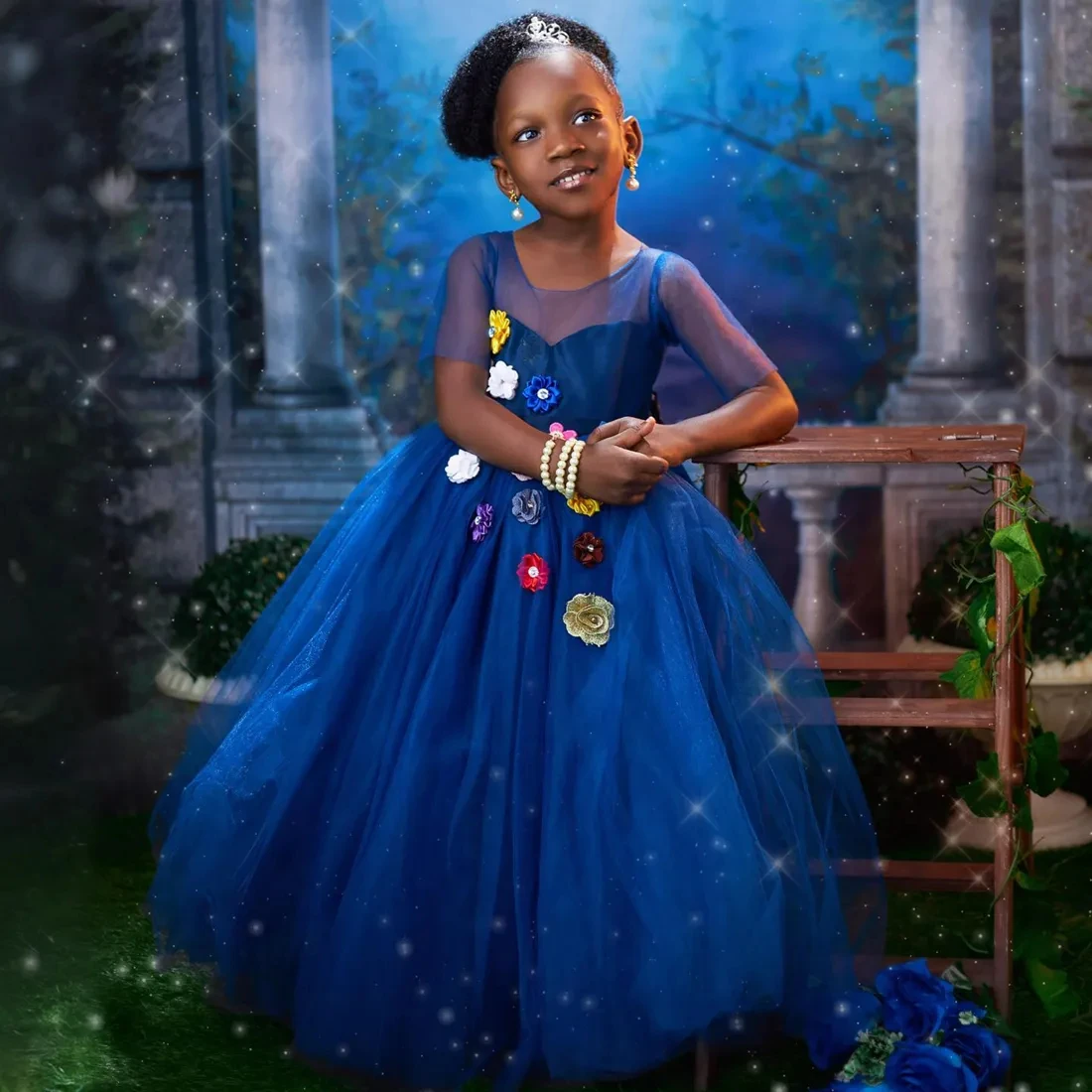 

African Blue Flower Girl Dresses First Communion Dress Illusion Jewel Hand Made Flowers Tiered Tulle Birthday Party Gowns