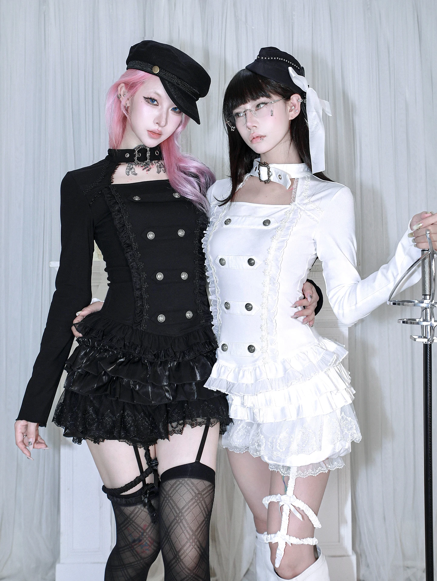 

HBreaker Original Brand Subculture Thin Fleece Double Breasted Long Sleeve Blouse Halter Neck Lace Black White Bottom Shirt Top