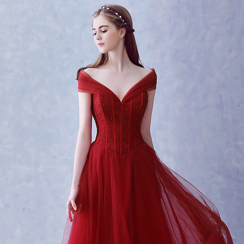 

Women Long Wedding Dress Red Shoulder Dinner Bridal Dress Autumn Dresses
