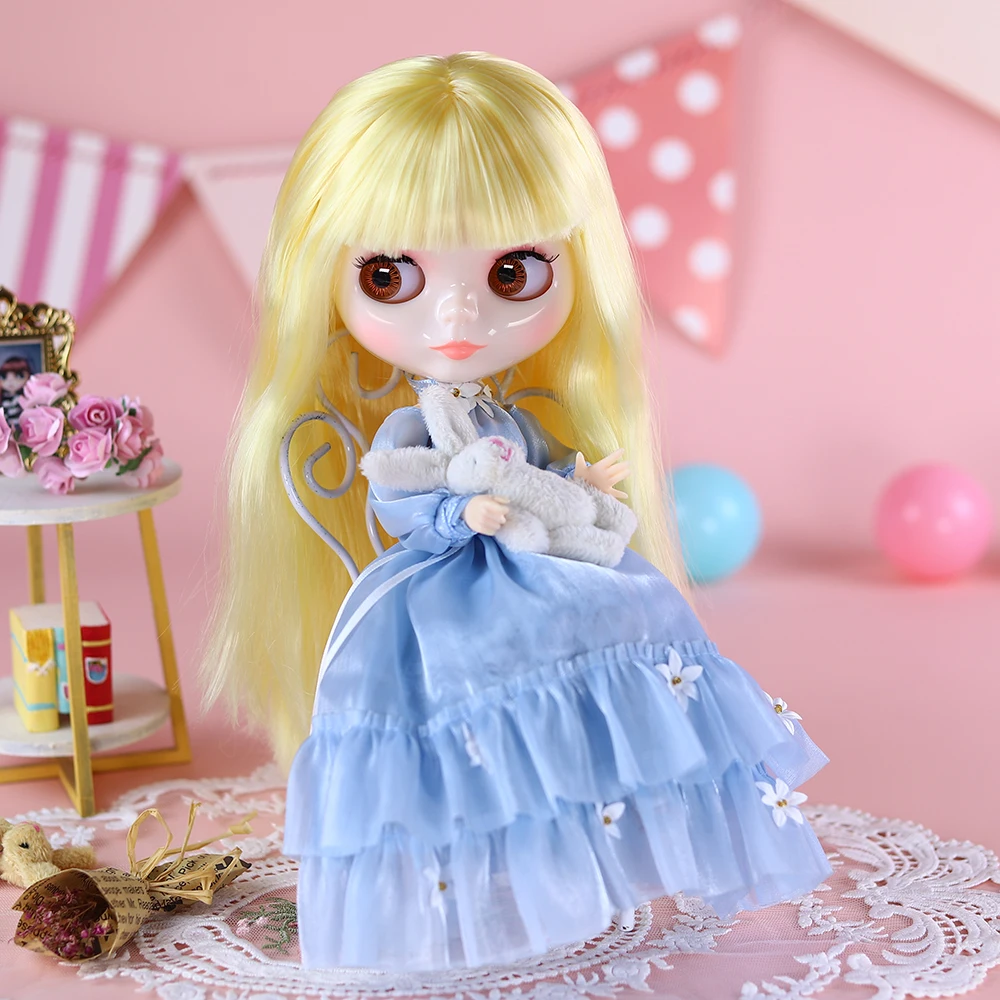Icy dbs blyth pele justa rosto brilhante longo cabelo loiro com franja bjd 30cm boneca incluindo vestido menina festival presente de aniversário