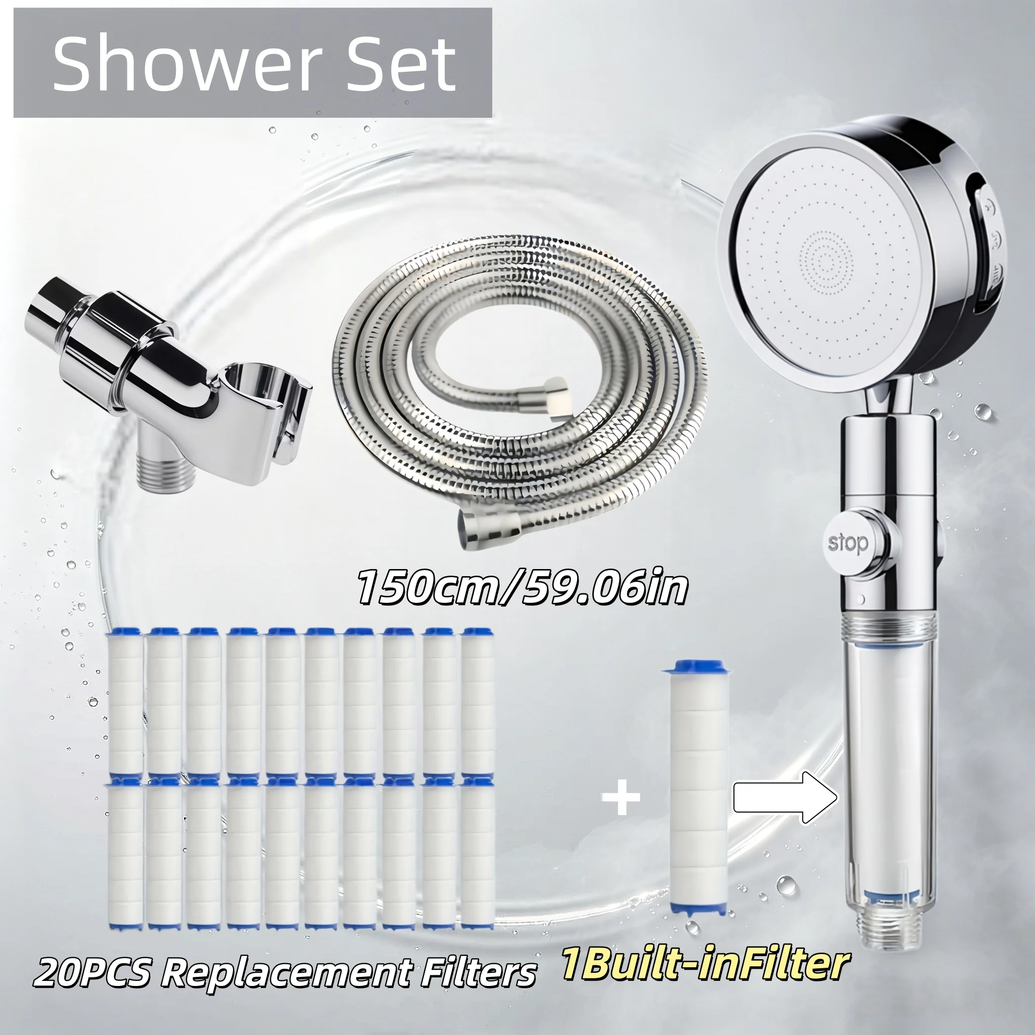 Visible Filter Window Handheld Shower 3 Modes 360° Rotate One-Click Stop 20/15/10 Filters American Bracket Hose Home Use