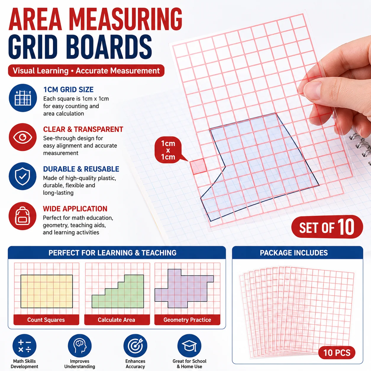 Transparent Geometry Area Measuring Grid Sheet 1cm Square Math Teaching Learning Tool Set of 10