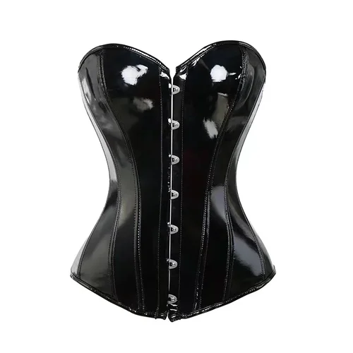 Imagen 1 del producto Corsé de vinilo de PVC negro de talla grande para mujer, corpiño Sexy por encima del busto, lencería de cuero brillante, corsé Steampunk con cordones