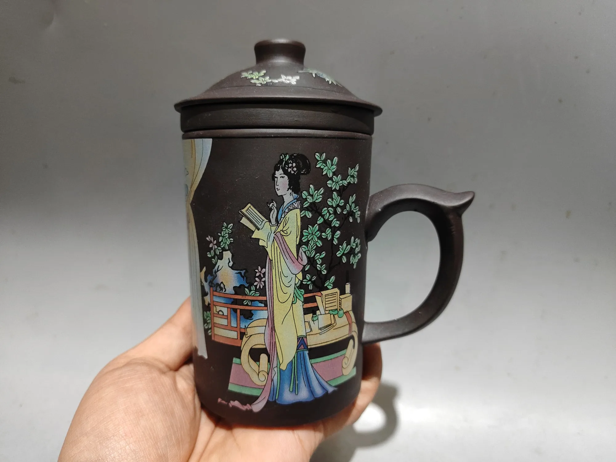 Old Chinese Handicraft Enameled YiXing Zisha (red stoneware) cup,A beautiful woman wearing flowers in her hair, Free shipping
