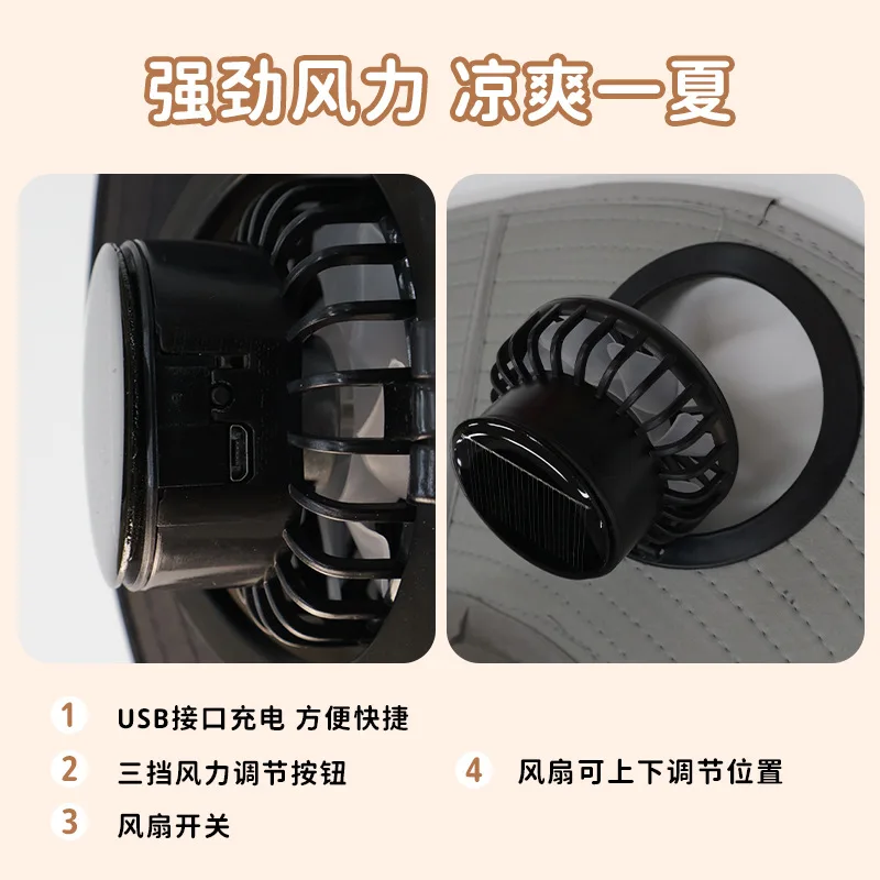 Fashion solar hat, long-lasting fan, strong wind, men's sun hat, quick drying bucket hat