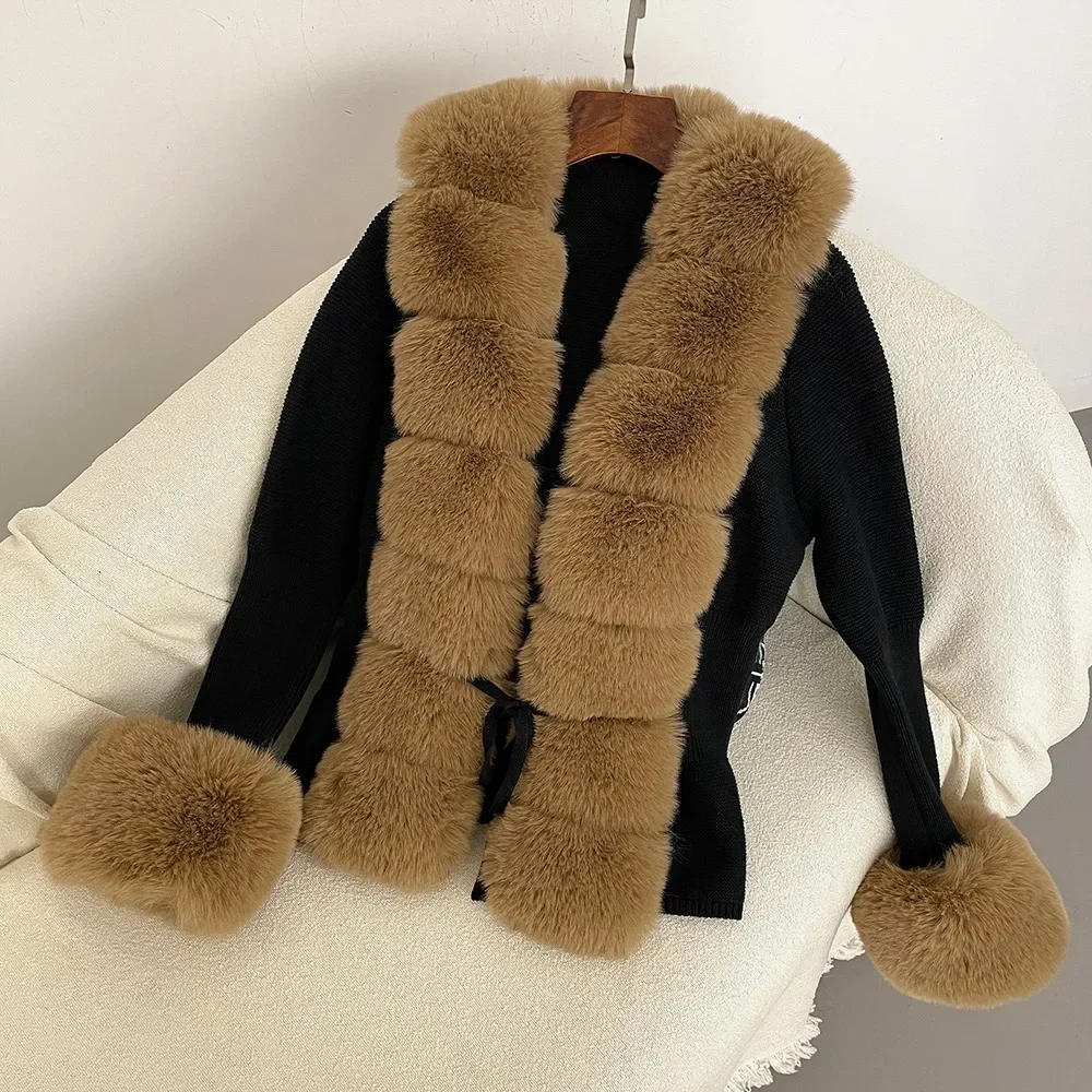 Fur Cardigan Detachable Collar Jacket Faux Fur Coat Luxury Patchwork Knit Sweater Bandage Autumn-winter Women's Faux Fur Coat