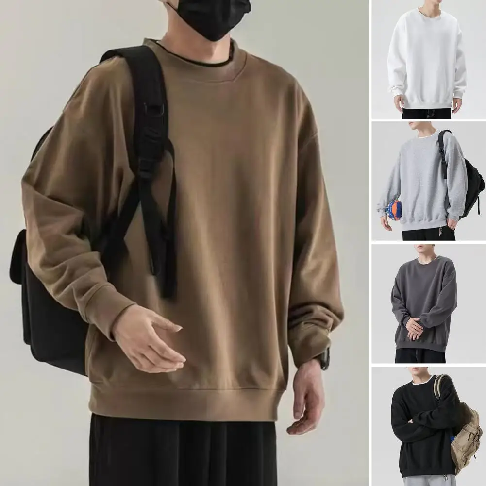 

Men Sweatshirt Solid Color Long Sleeve Crew Neck Fleece Lined Loose Top Autumn Winter Ribbed Cuff Pullover Streetwear
