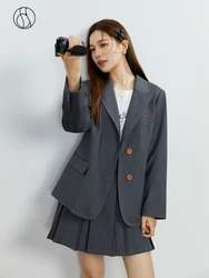 DUSHU Women Blazer Skirt Sets Notched Collar Grey Blue Commuter Single Breasted Women Blazers High Waist A-LINE Pleated Skirt