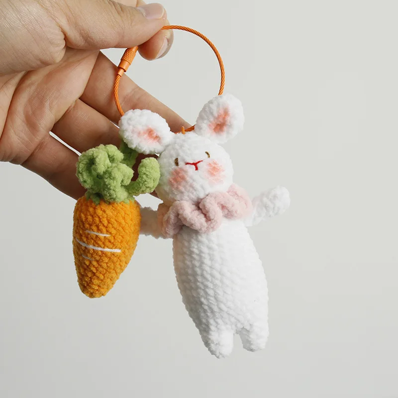 Cute Rabbit And Carrot Charm Keychain For Bag Pendant Handmake Knit Rabbit Doll Crochet Keyrings Knitting Animal Doll Keychain