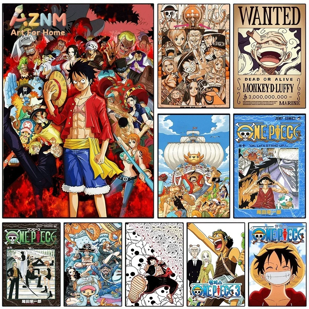 Póster de One Piece Luffy Wanted de AZNM, Impresión en Lienzo de Anime, Decoración de Pared para el Hogar