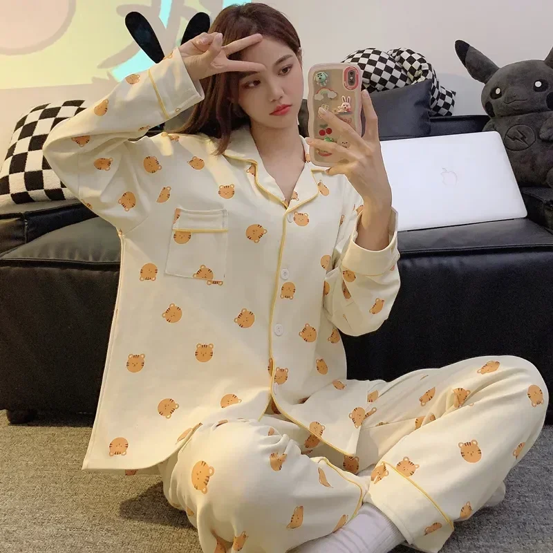 Female Cute Cartoon Soft Pyjamas Services Home Set Turn-down Long Pajamas Sleepwear Sleeves Suit Collar Womens Homewear