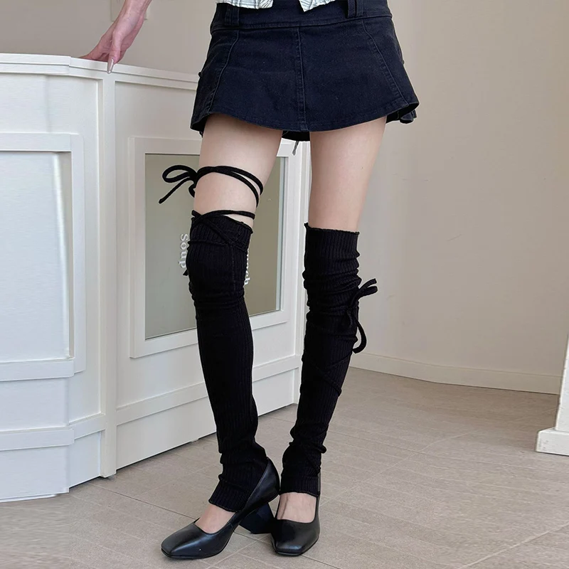 Stoking Tinggi Tali Vertikal Warna Polos Katun Kaus Kaki Paha Nyaman Lembut Sejuk Wanita Sederhana Segar Aksesori Fashion