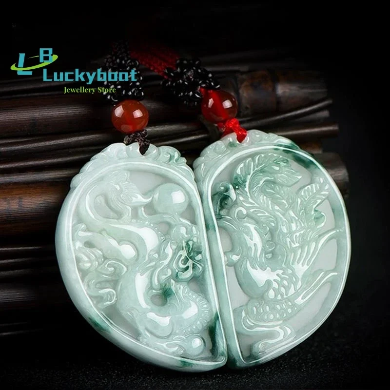 

Натуральный Мьянма класс A изумрудный кулон пара дракон Феникс нефритовый кулон ожерелье ювелирные изделия оптом