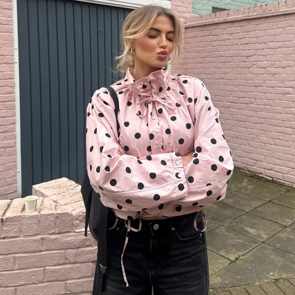 

Talenza Pink Polka Dot Jacket: Women's Fashion Retro Bow Lace-up Loose Coats New Casual Commuter High-Street Women's Outerwear