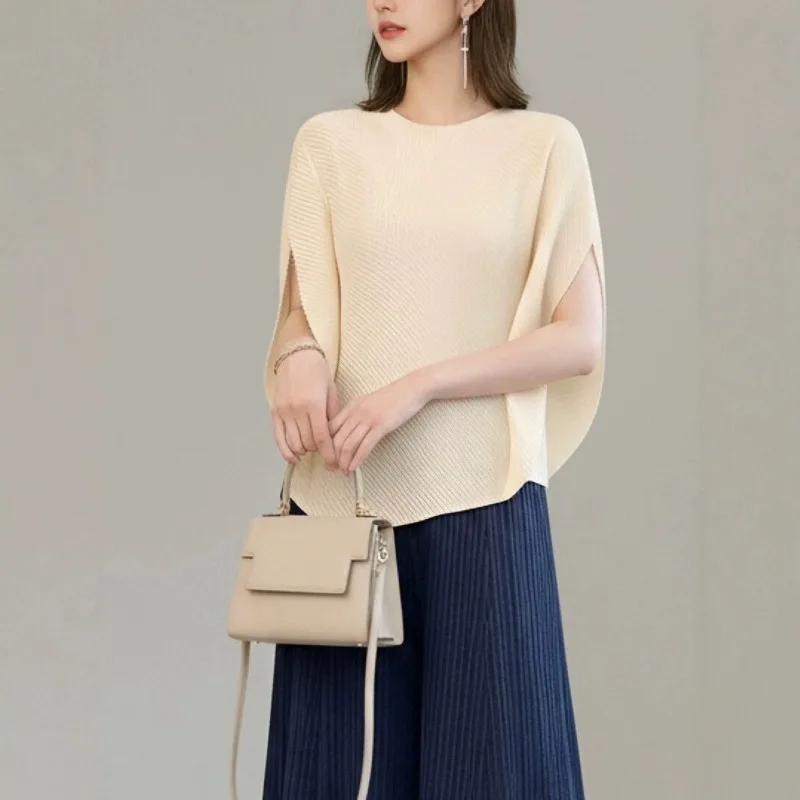 Miyake Pleated Women's Short Sleeve T-Shirt 2026 Summer New High-End Solid Color Round Neck Batwing Sleeve Irregular Fashion Top
