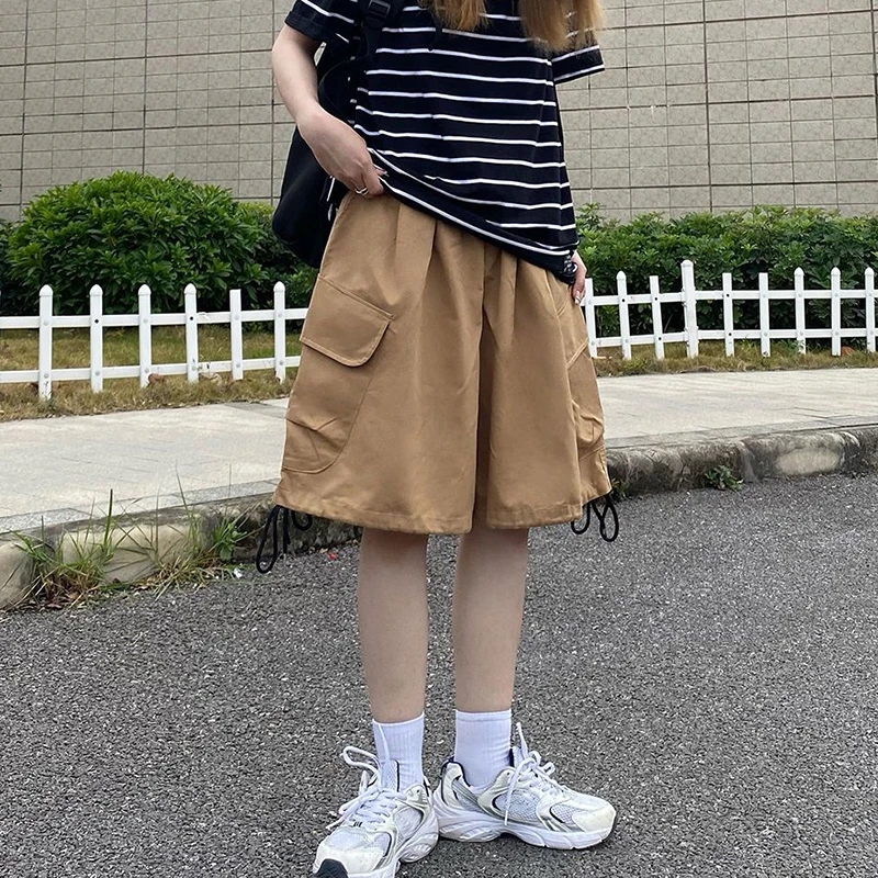 Rimocy Sommer knielange Cargo Shorts Frauen 2024 Harajuku Shorts mit weitem Bein Frau Streetwear Taschen Baggy Short Pants weiblich