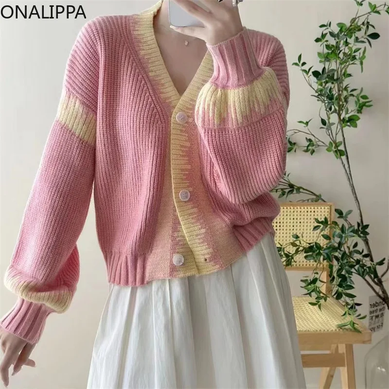 

Onalippa Contrast Vintage Loose Knitted Cardigan V Neck Gentle Wind Single Breasted Cardigans Korean Chic Design Sweet Sweater