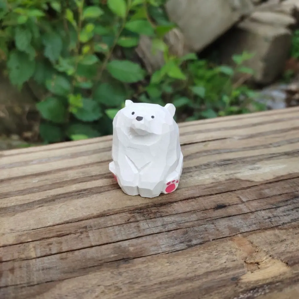 Solid Wood Wooden Bear Figurines Hand Carved Cute Polar Bear Ornament Funny Miniature Mini Bear Statue Home Decoration