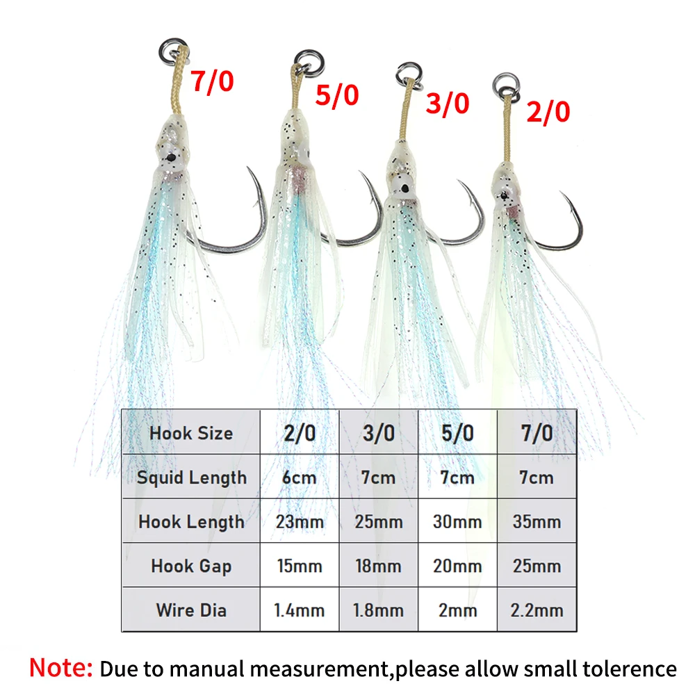 Elllv 2pcs/Bag Heavy Assist Hook 2/0 3/0 5/0 7/0 Luminous Squid Skirt Lure with Kevlar Cord Saltwater Fishing Slow Jigging Hook