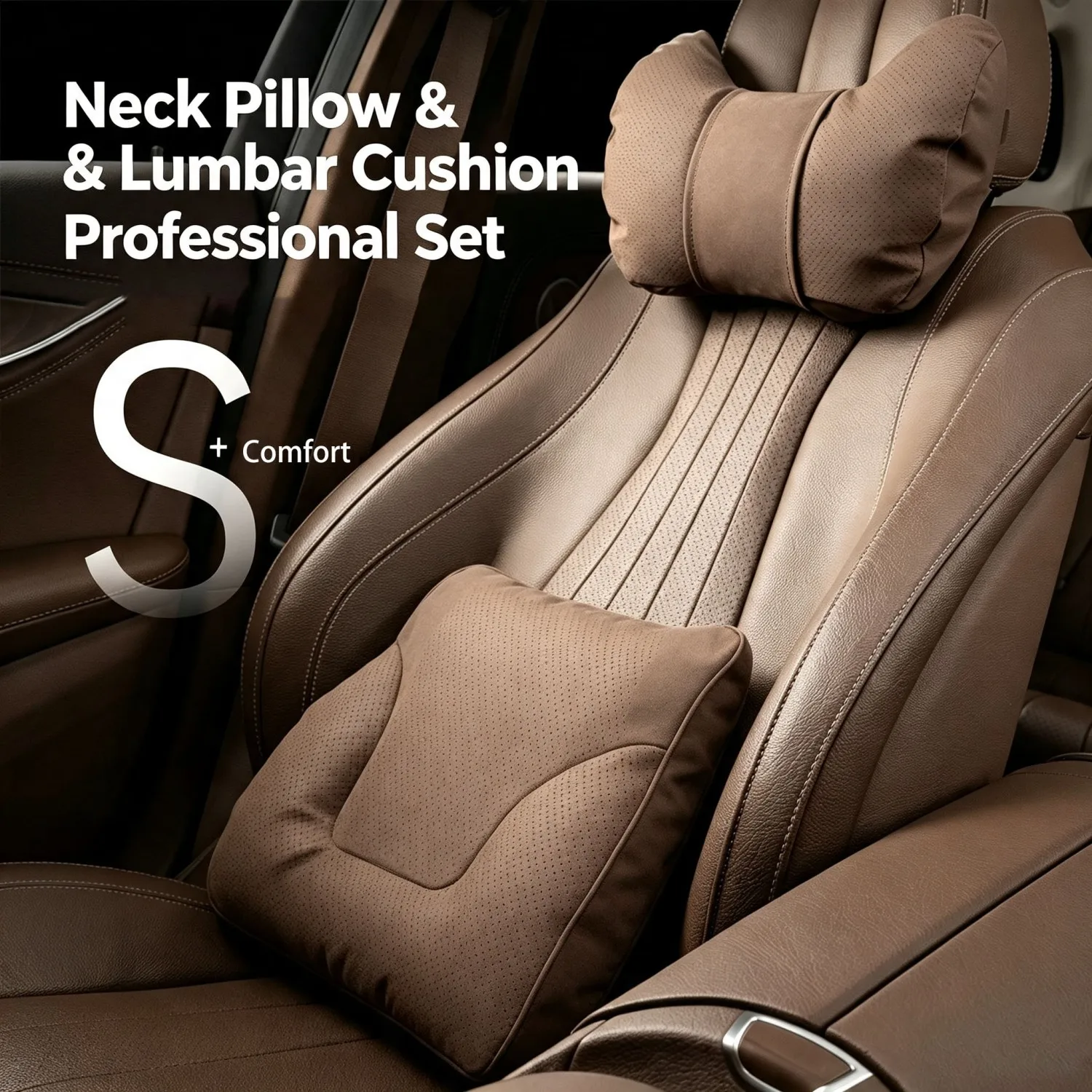 Comfortable Car Seat Neck Waist Cushion Suede Leather Car Headrest Lumbar Support Pillow For Maybach S-Class BMW Audi VW Nissan 2