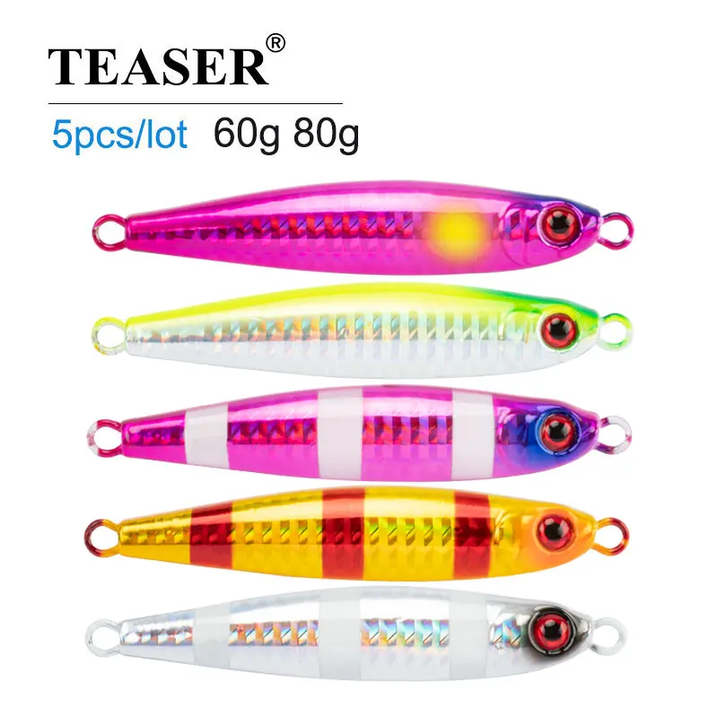 TEASER 5pcs/lot 60g 80g Micro Metal Spoon Jigging Shore Fishing Lure Sea Fishing Bait Glow Slow Fall Fishing Lure With Hook