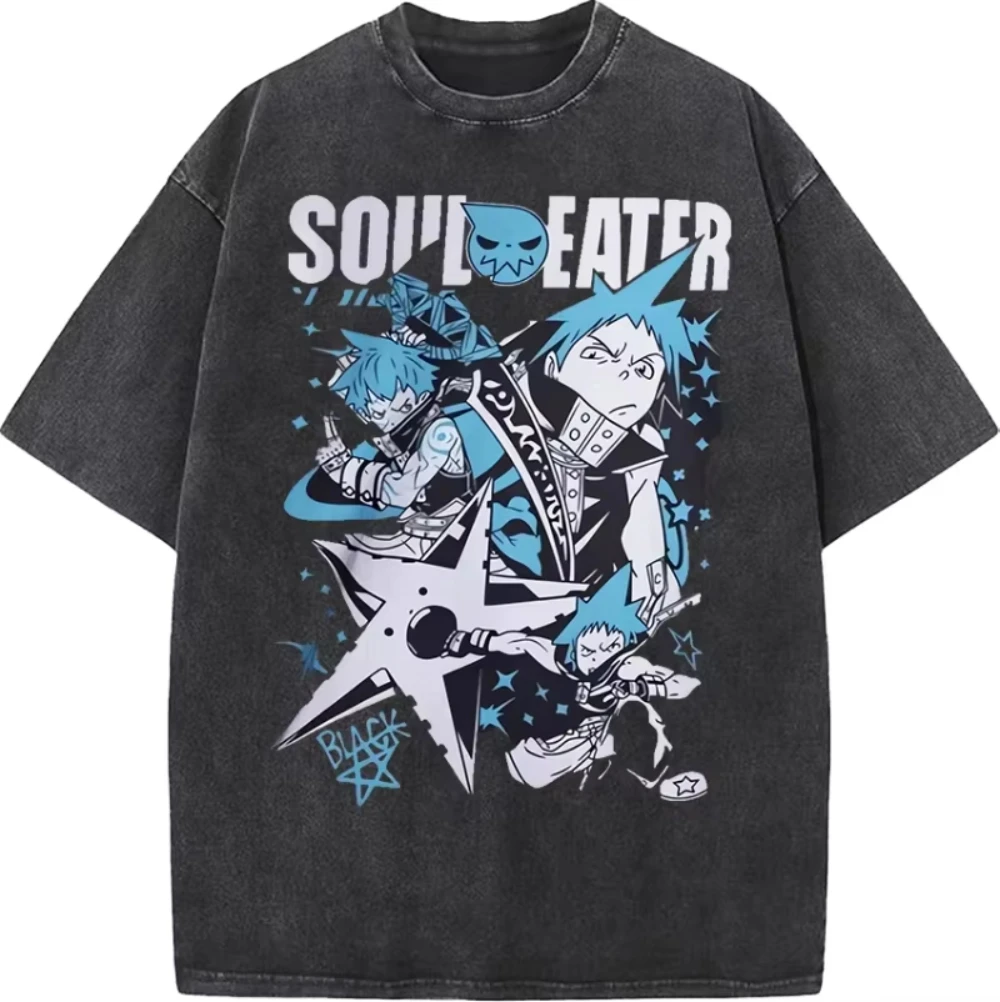 

Japan Anime Soul Eater Black Star Printing T Shirt Men Washed T-shirts Casual Loose Tee Harajuku Male Manga Retro Tshirt