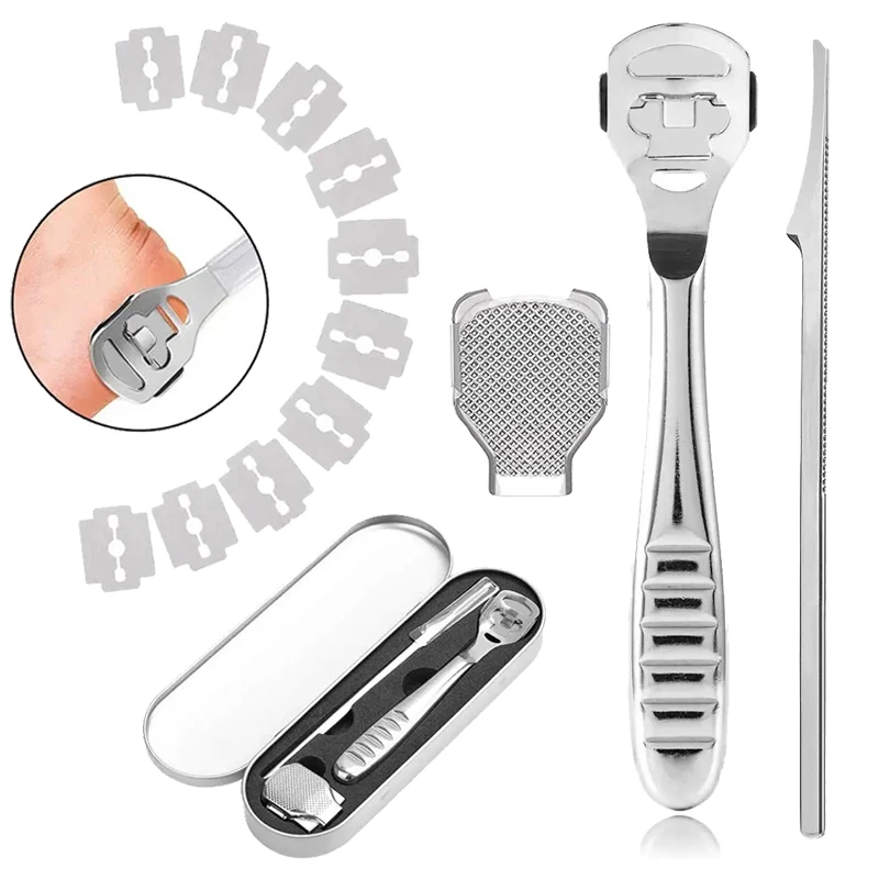 Foot Callus Shaver Heel Hard Skin Remover Hand Feet Pedicure Razor Tool Shavers Stainless Steel Handle 10 Blades Foot Care Tools