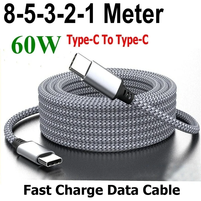 Typ-C-auf-Typ-C-Kabel 60W Schnellladung Universelles Verlängertes Nylon-Geflochtenes PD-Datenkabel für Xiaomi Samsung Huawei 1M 2M 3M 5M 8M