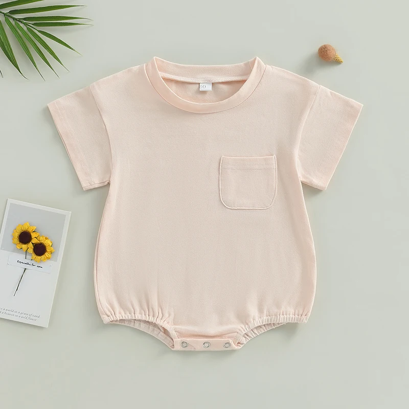 Casual Baby Boy Girl Solid Color Short Sleeve Bubble Romper Oversized T-Shirt With Pocket Bodysuit Summer Baby Jumpsuits Clothes